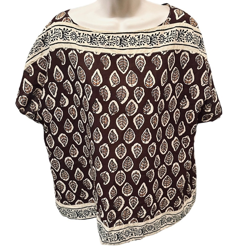 LAUREN RALPH LAUREN Leaf Printed Cotton Tunic Brown Fall Pullover Women’s Large